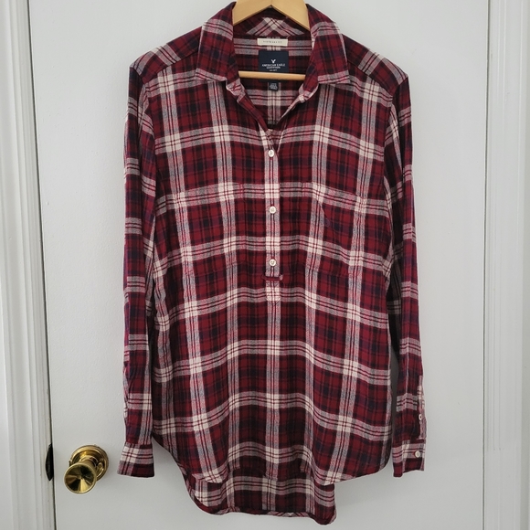 American Eagle Outfitters Tops - AEO || (Large) Red Plaid Boyfriend Fit Popover Shirt